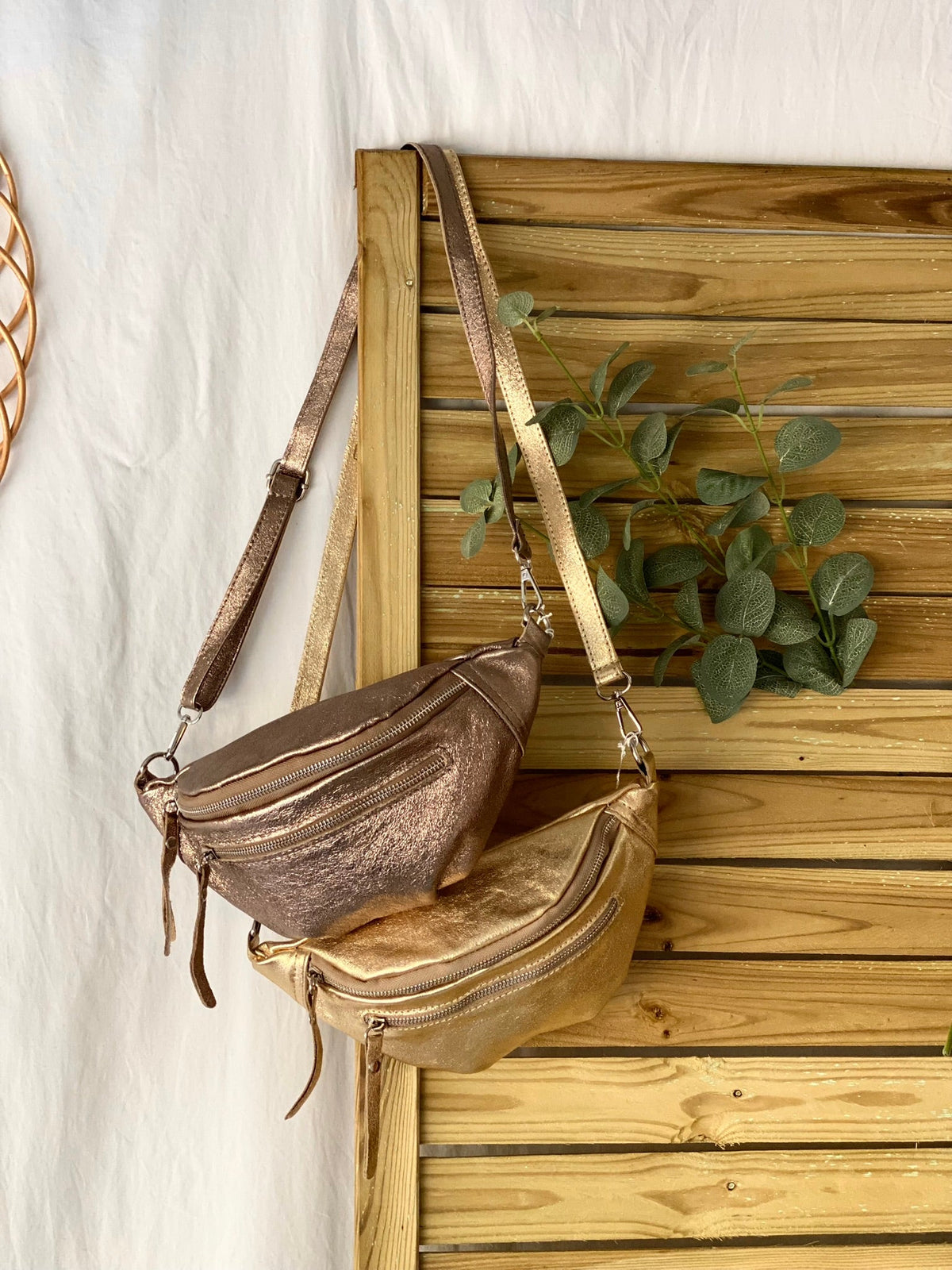 Sac banane en cuir irisé double poche - OPALE - Bronze / argent