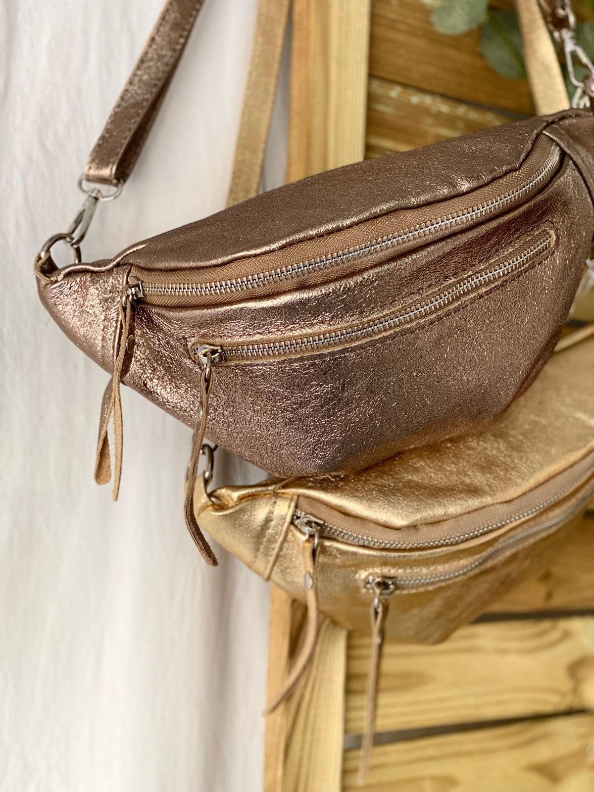 Sac banane en cuir irisé double poche - OPALE - Bronze / argent