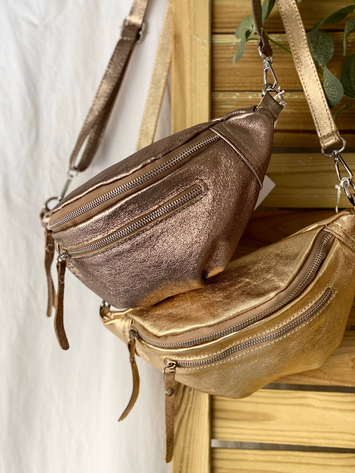 Sac banane en cuir irisé double poche - OPALE - Bronze / argent