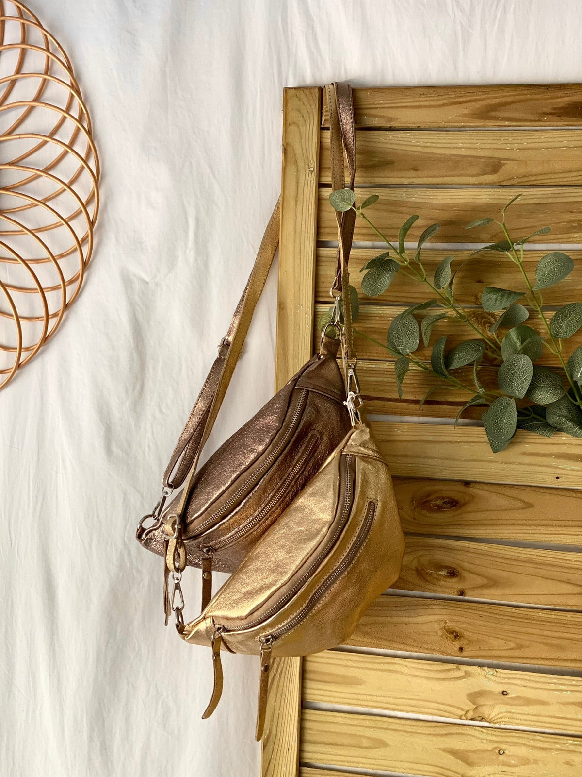 Sac banane en cuir irisé double poche - OPALE - Bronze / argent