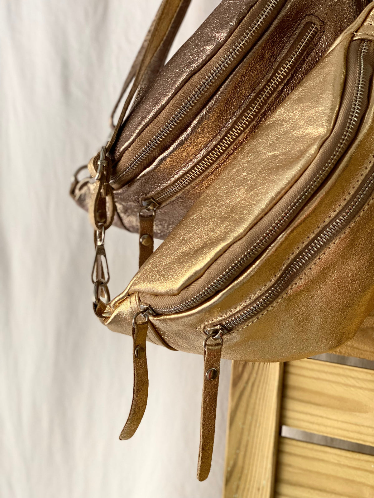 Sac banane en cuir irisé double poche - OPALE - Bronze / argent