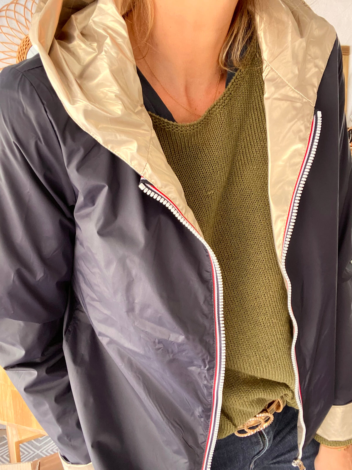 LAURA JO - Imperméable réversible GARANCE COURT léger - Marine/Doré • DÉSTOCKAGE sur Taille XL