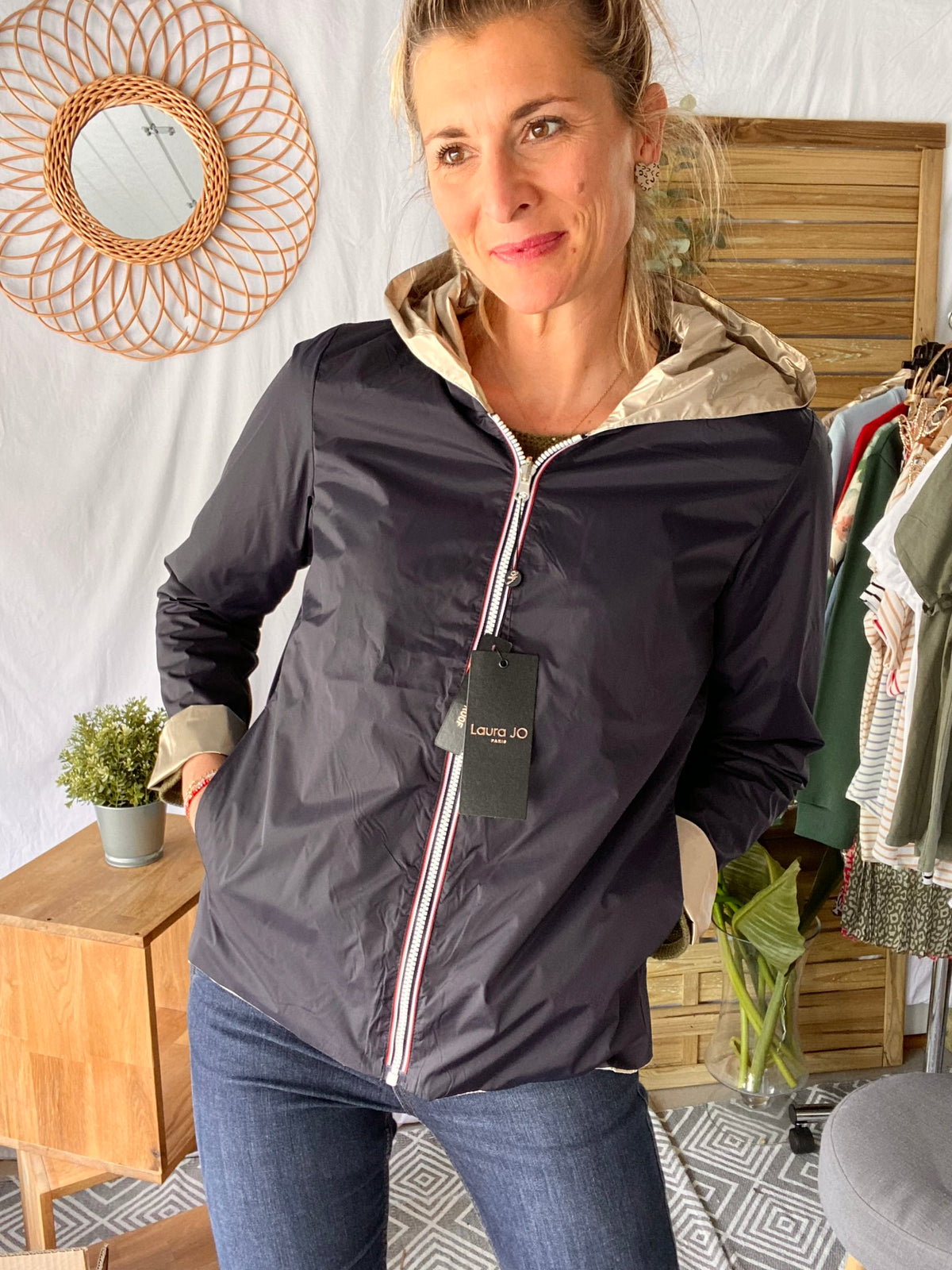 LAURA JO - Imperméable réversible GARANCE COURT léger - Marine/Doré • DÉSTOCKAGE sur Taille XL