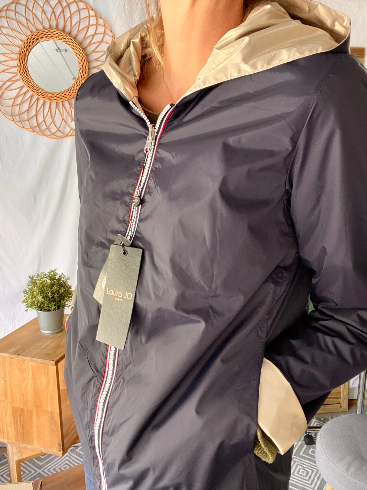 LAURA JO - Imperméable réversible GARANCE COURT léger - Marine/Doré • DÉSTOCKAGE sur Taille XL