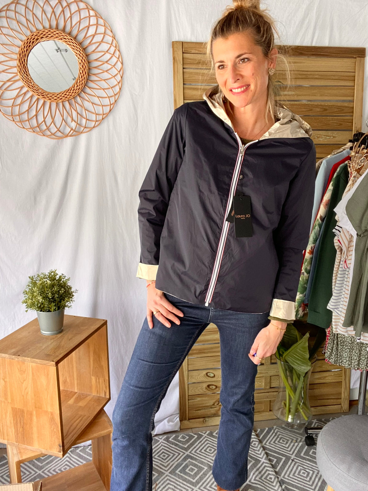 LAURA JO - Imperméable réversible GARANCE COURT léger - Marine/Doré • DÉSTOCKAGE sur Taille XL
