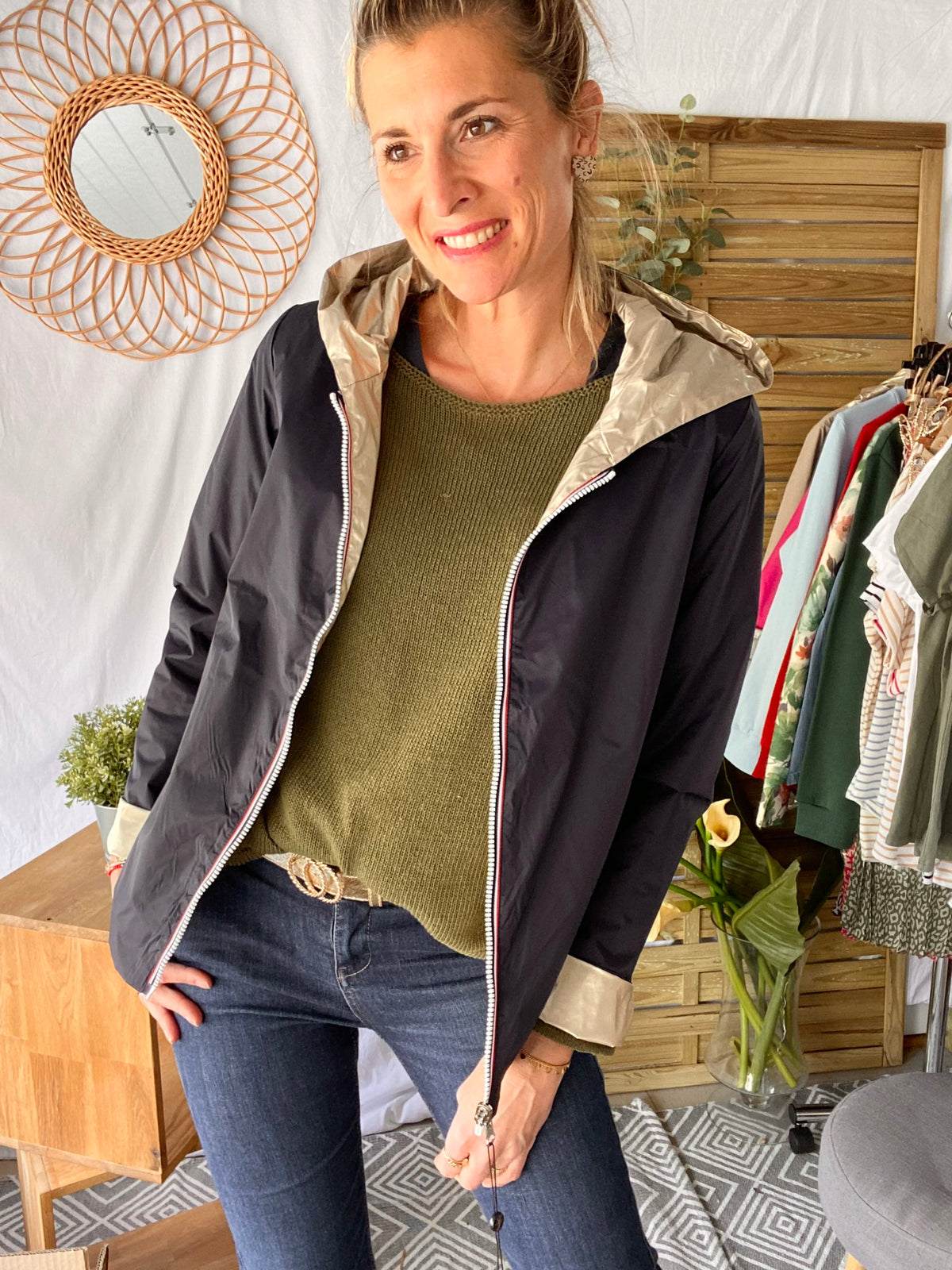 LAURA JO - Imperméable réversible GARANCE COURT léger - Marine/Doré • DÉSTOCKAGE sur Taille XL
