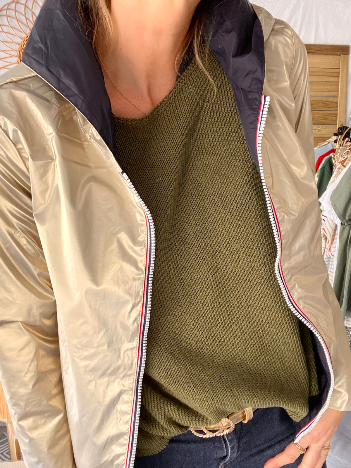 LAURA JO - Imperméable réversible GARANCE COURT léger - Marine/Doré • DÉSTOCKAGE sur Taille XL