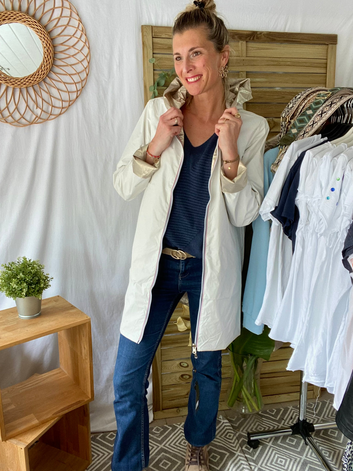 LAURA JO - Imperméable réversible léger GARANCE LONG - Blanc/Doré