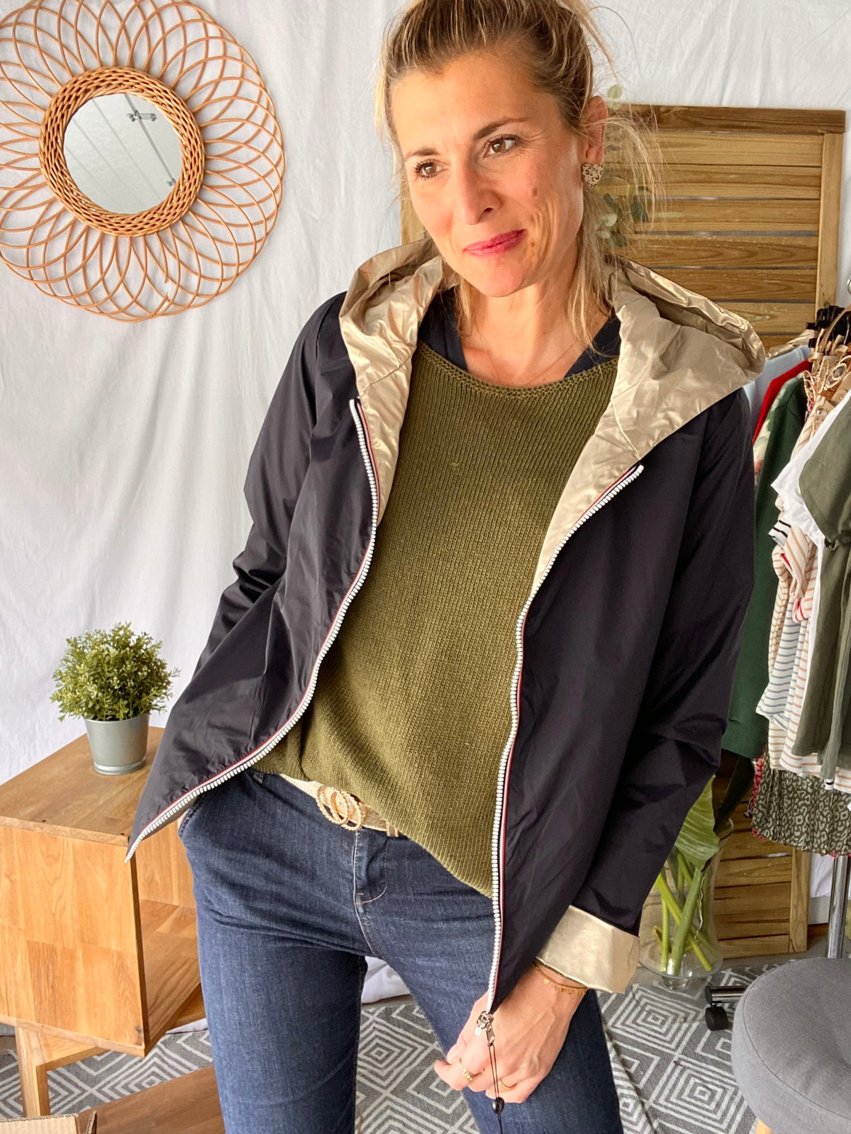 Imperméable réversible GARANCE COURT léger - Marine/Doré - Laura Jo