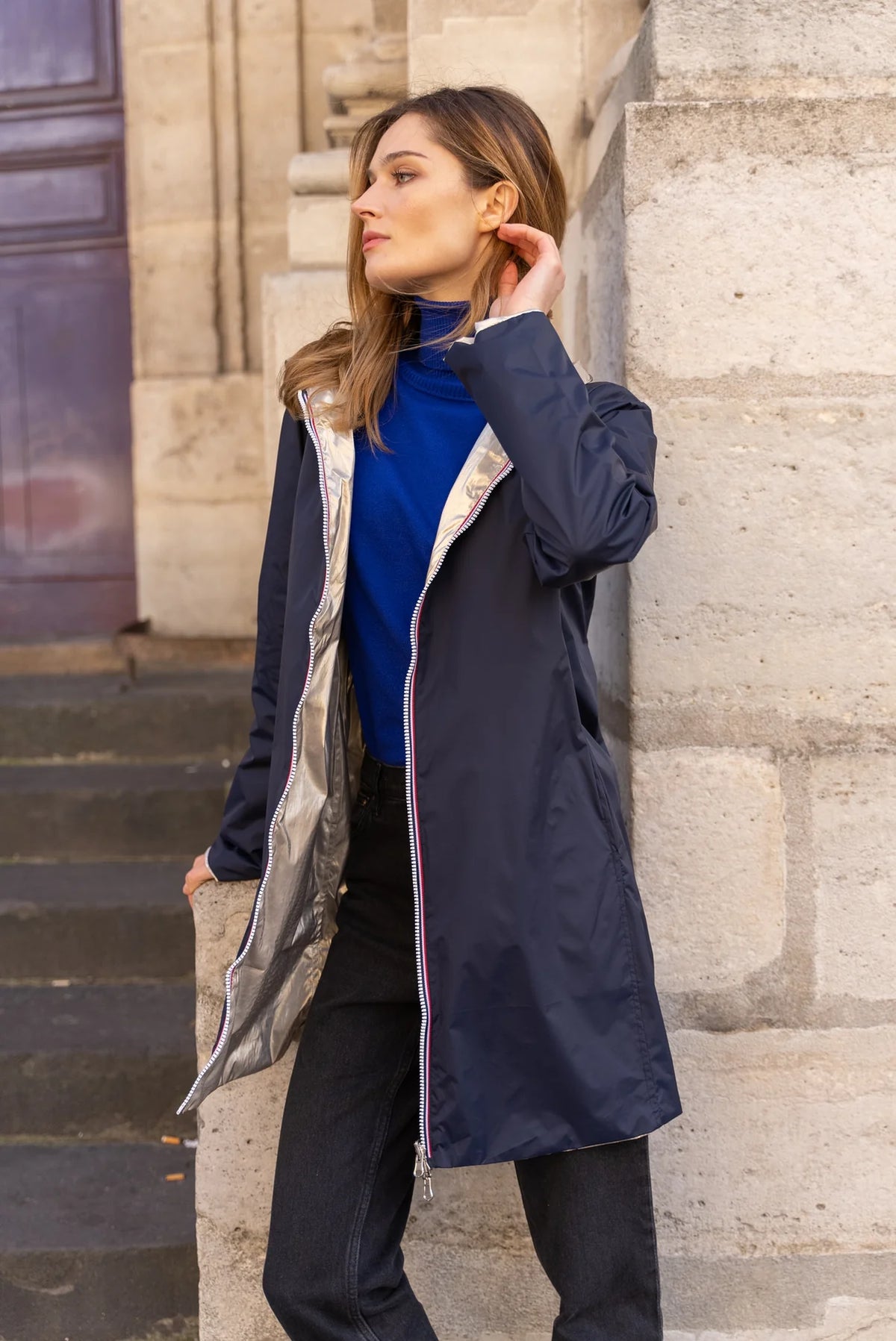 LAURA JO - Imperméable réversible rembourré LOUISON LONG - Marine/Doré