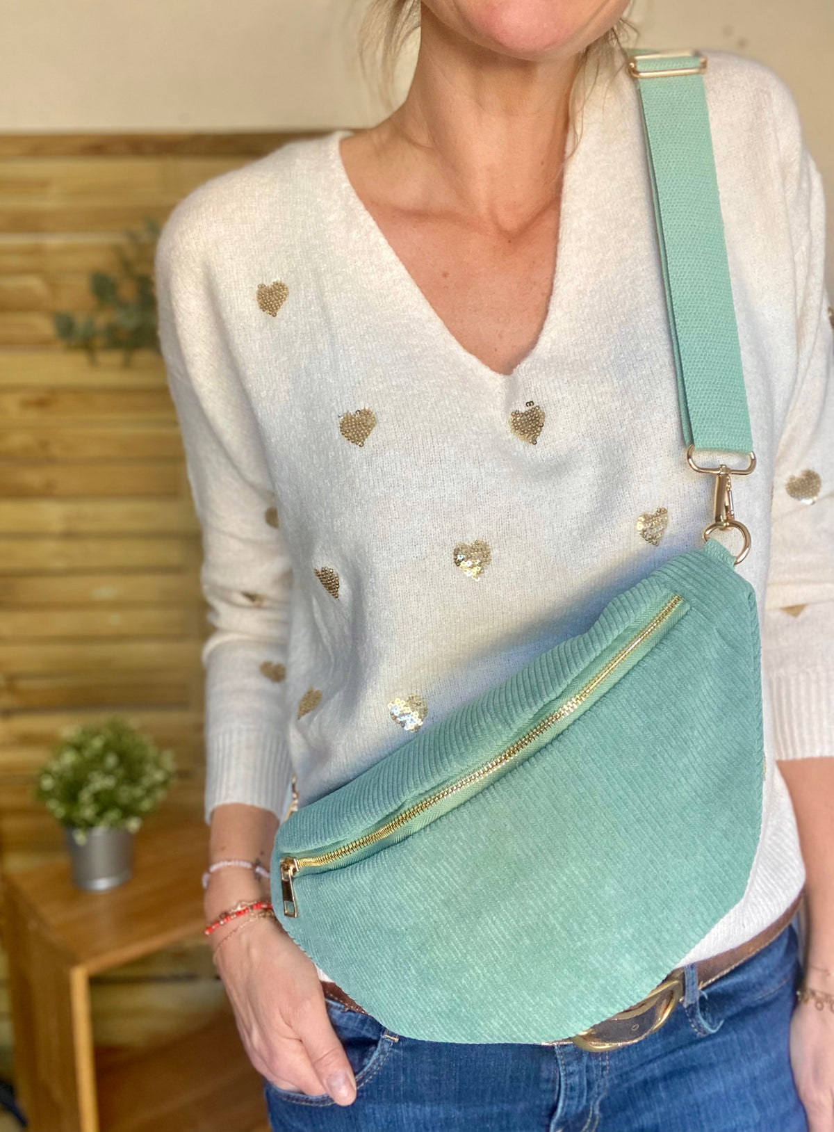 Sac banane XL velours côtelé Ciao Boum - IVY - Vert d’eau