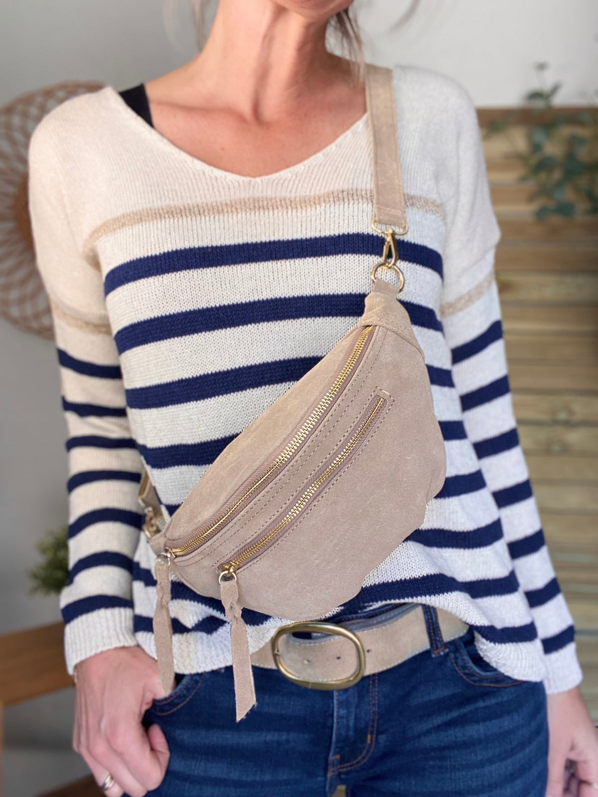 Sac banane double poche en cuir daim - OPALINE - Beige
