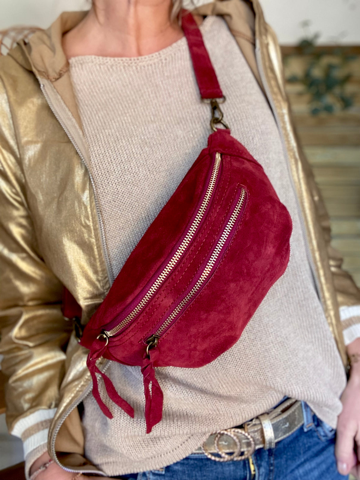 Sac banane double poche en cuir daim - OPALINE - Bordeaux