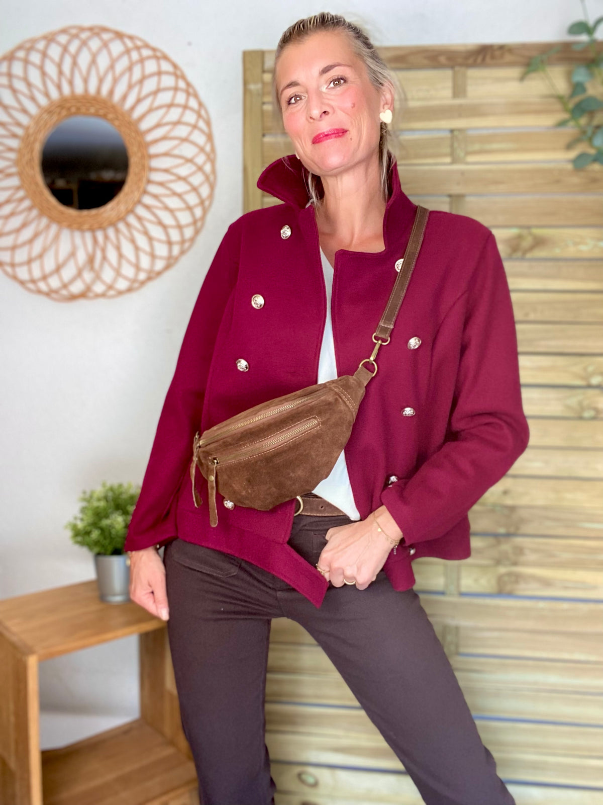 Sac banane double poche en cuir daim - OPALINE - Café