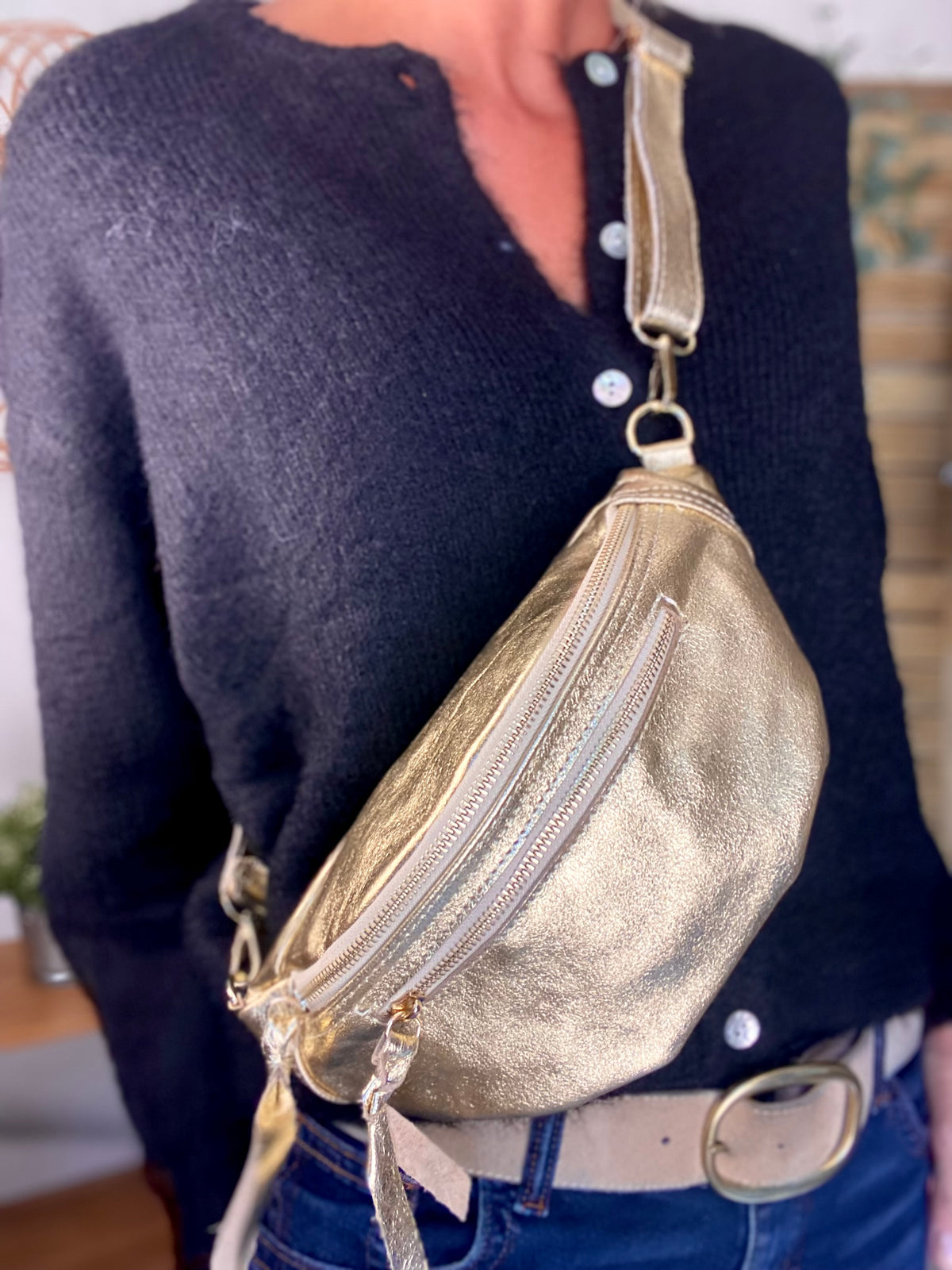 Sac banane en cuir irisé double poche - OPALE - Doré / doré