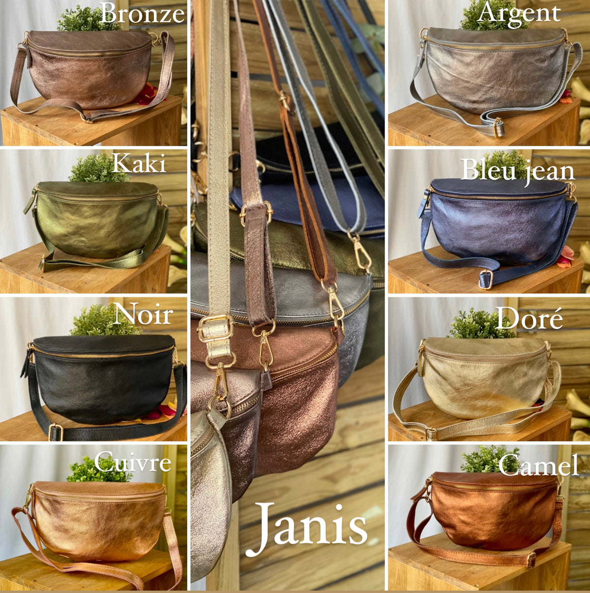 Sac banane XL en cuir irisé 30cm - JANIS - Noir