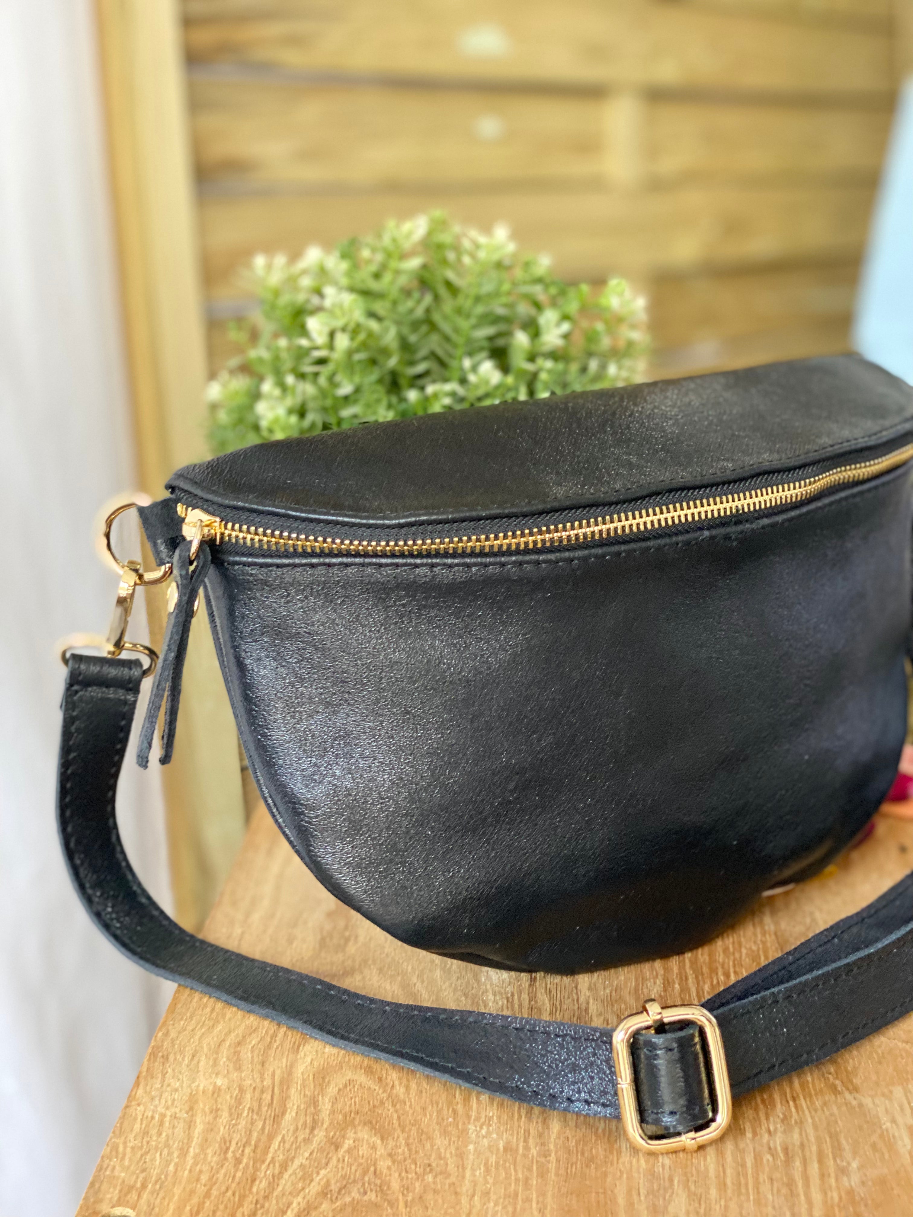 Sac banane XL en cuir irisé 30cm - JANIS - Noir