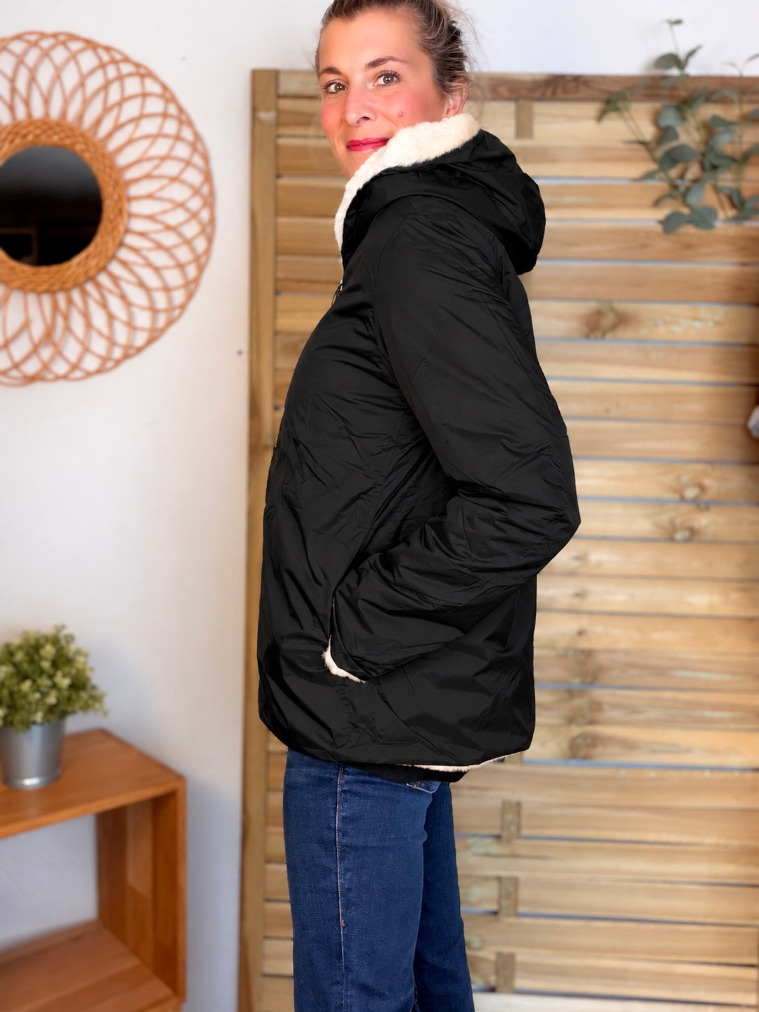 LAURA JO - Parka Imperméable réversible fourrée Noir / Beige ALIX Court