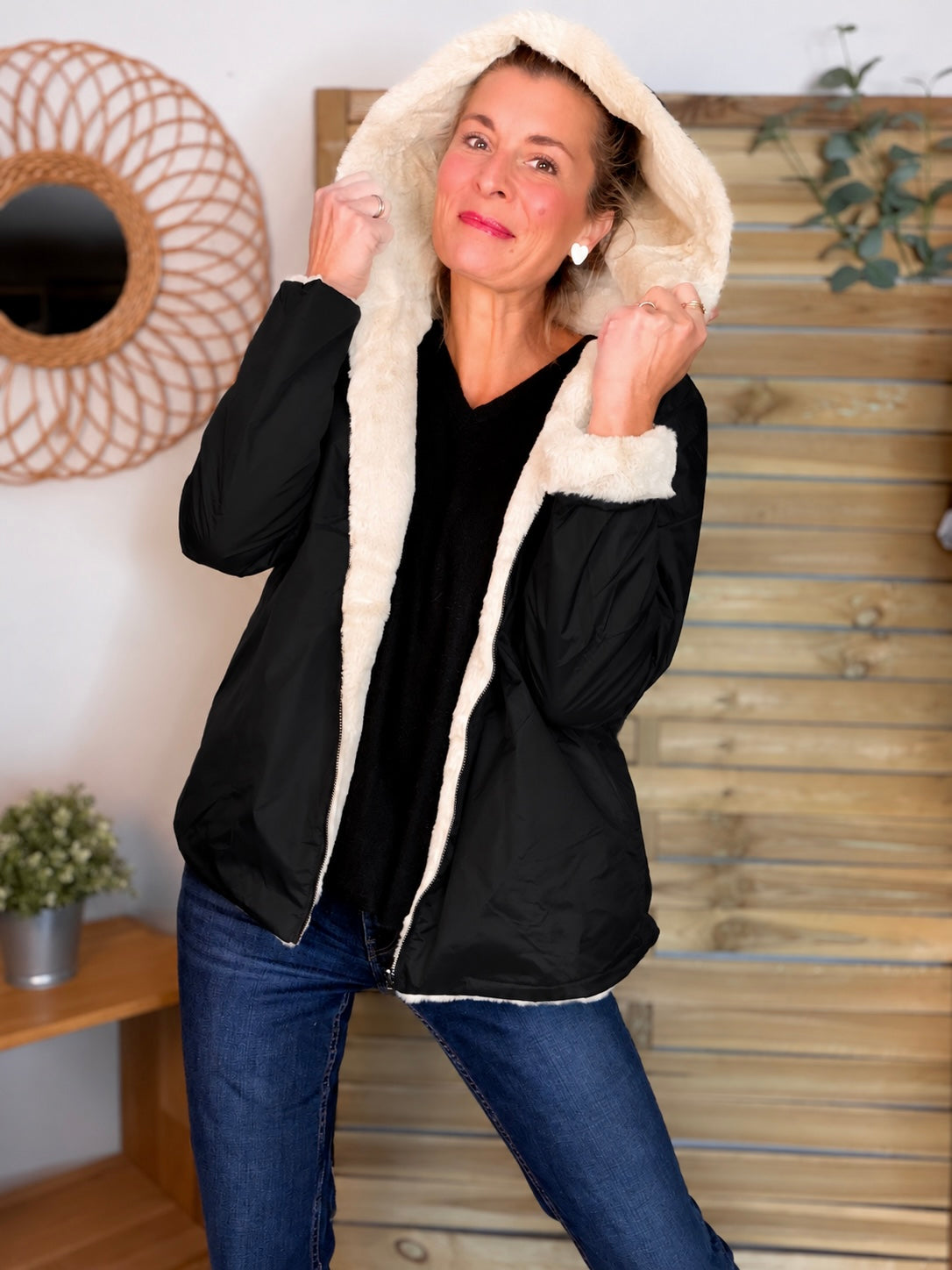 LAURA JO - Parka Imperméable réversible fourrée Noir / Beige ALIX Court