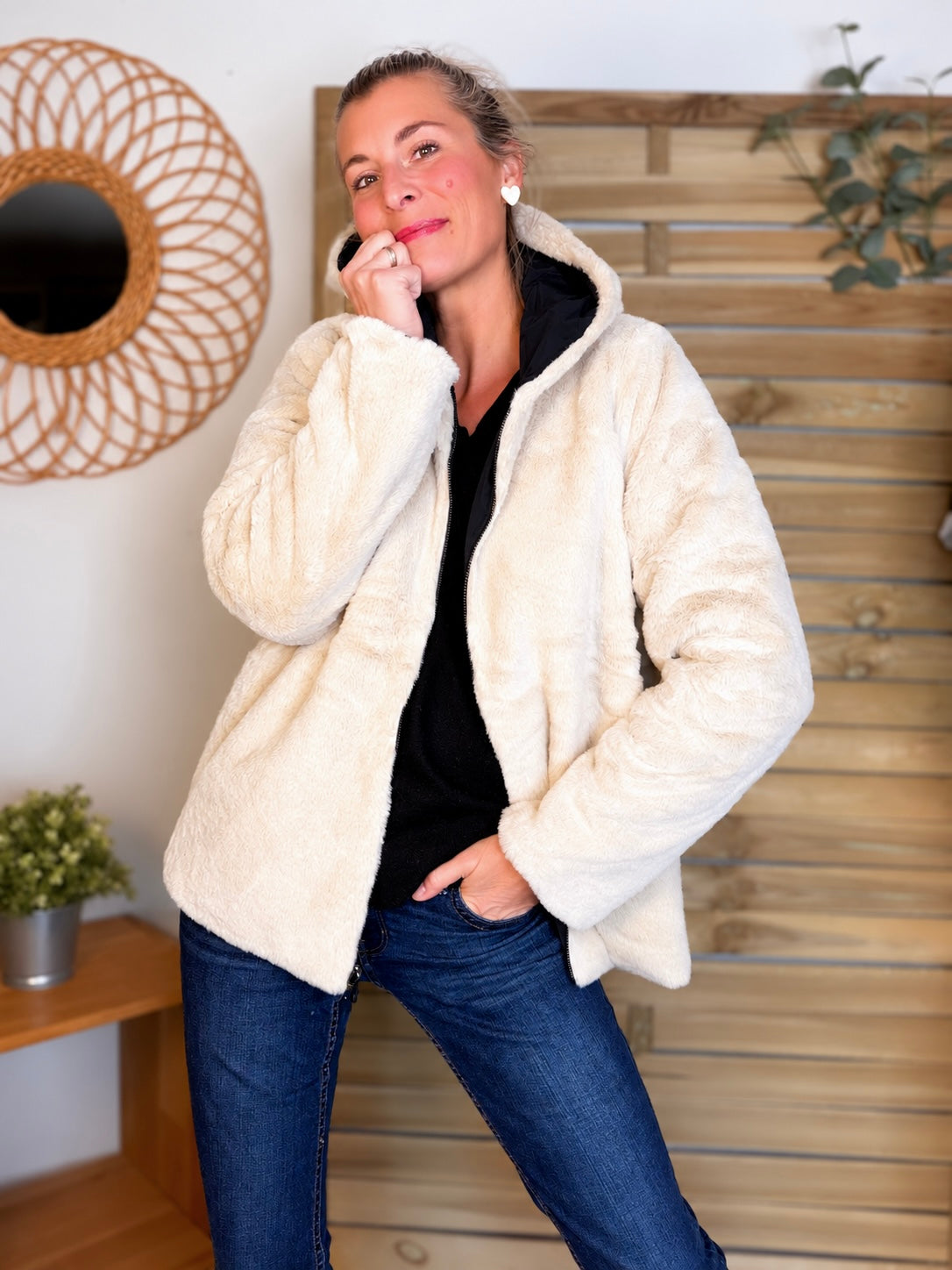 LAURA JO - Parka Imperméable réversible fourrée Noir / Beige ALIX Court