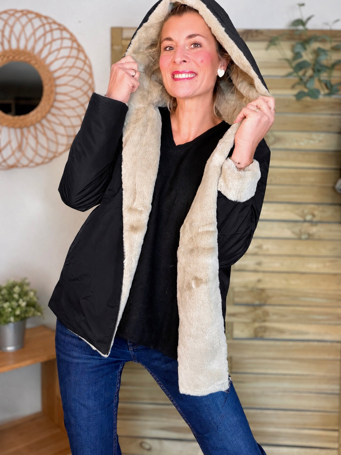 LAURA JO - Parka Imperméable réversible fourrée Noir / Beige ALIX Court
