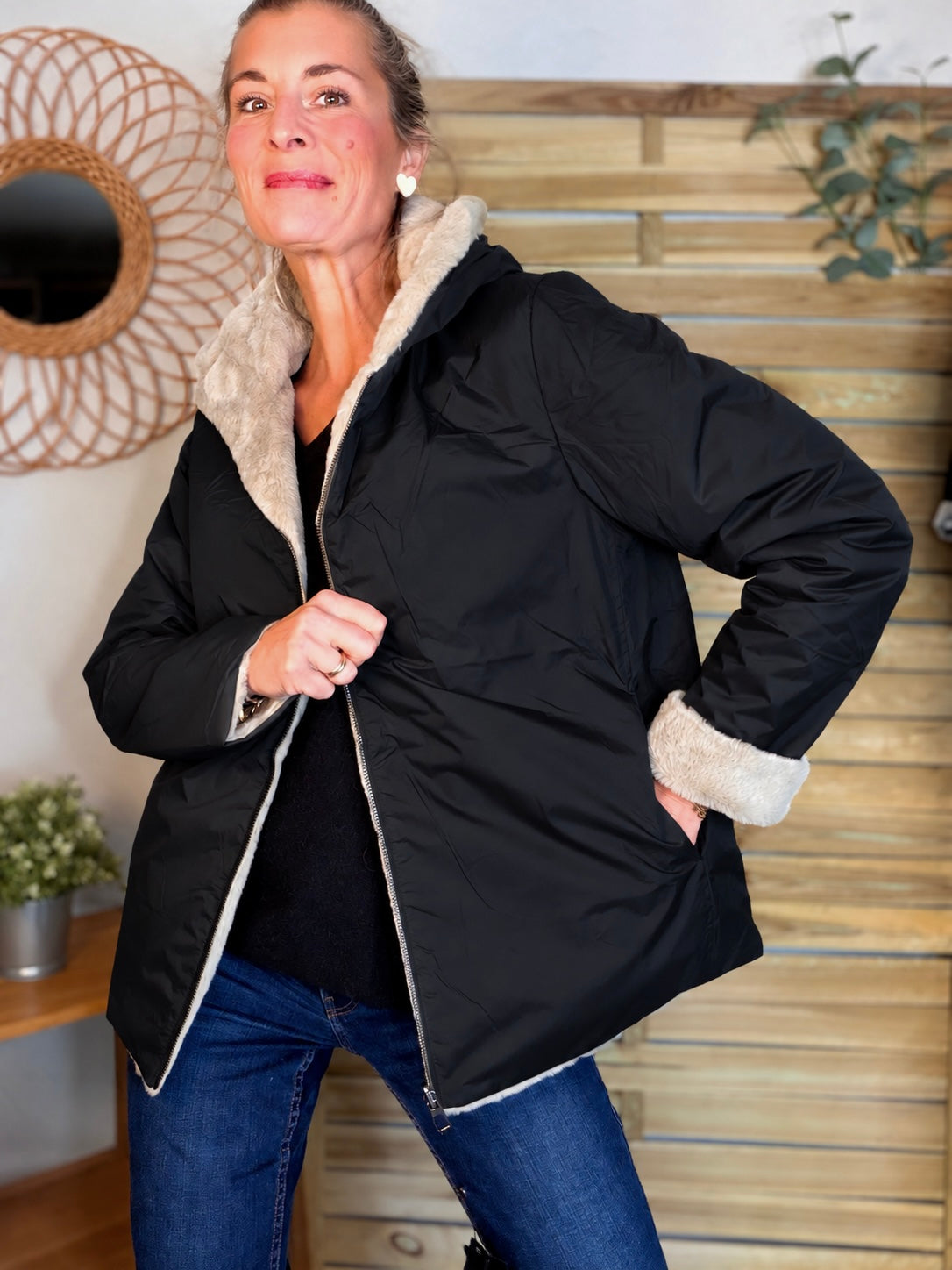 LAURA JO - Parka Imperméable réversible fourrée Noir / Beige ALIX Court