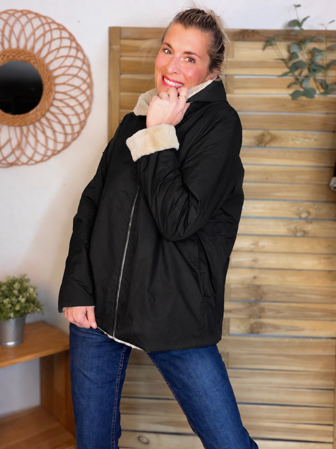 LAURA JO - Parka Imperméable réversible fourrée Noir / Beige ALIX Court