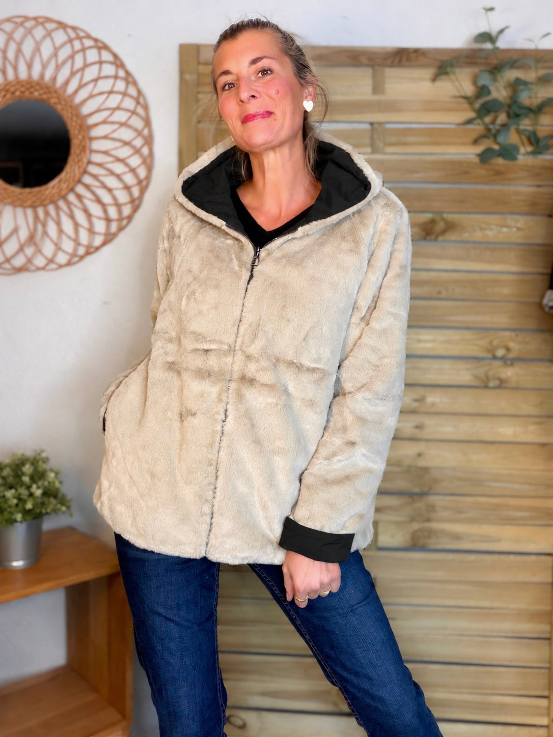 LAURA JO - Parka Imperméable réversible fourrée Noir / Beige ALIX Court