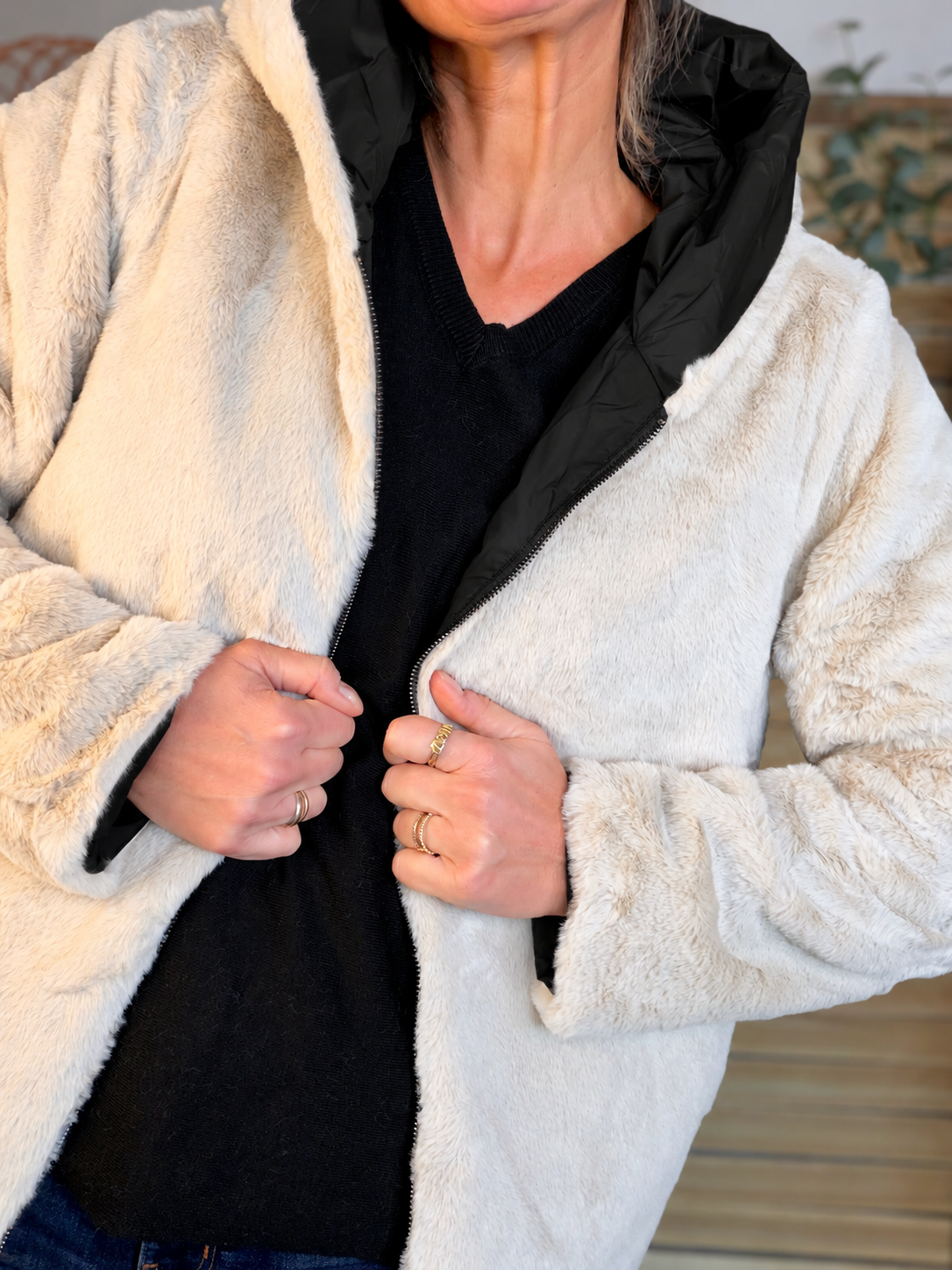 LAURA JO - Parka Imperméable réversible fourrée Noir / Beige ALIX Court