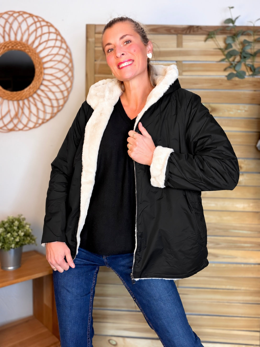 LAURA JO - Parka Imperméable réversible fourrée Noir / Beige ALIX Court