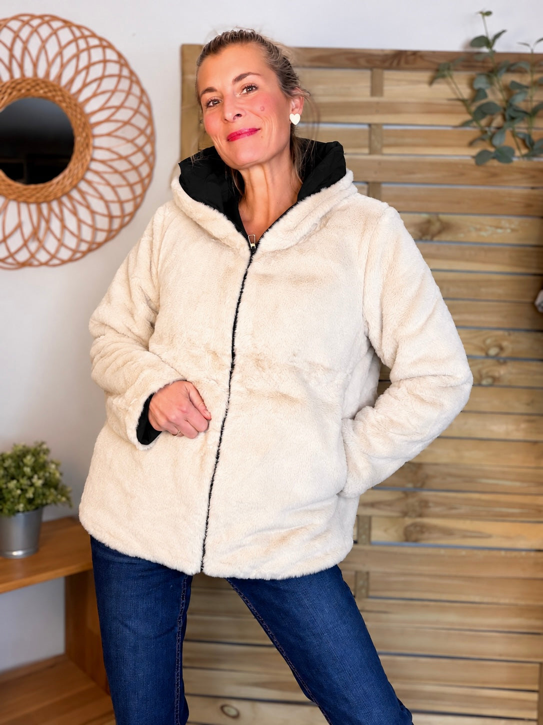 LAURA JO - Parka Imperméable réversible fourrée Noir / Beige ALIX Court
