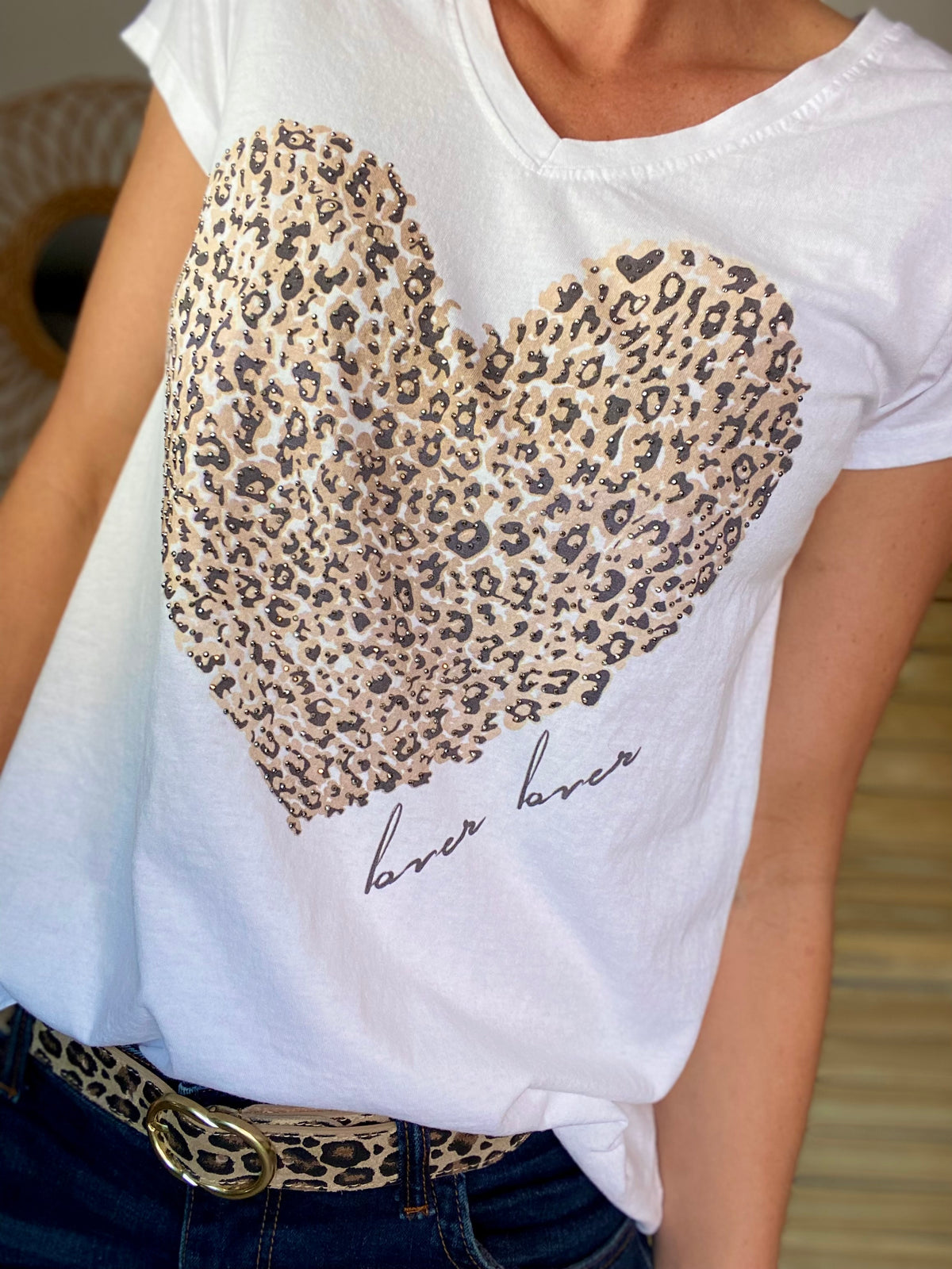 Tee shirt grand coeur léo et strass 💛🐆 THALIA Blanc - FIN DE SÉRIE