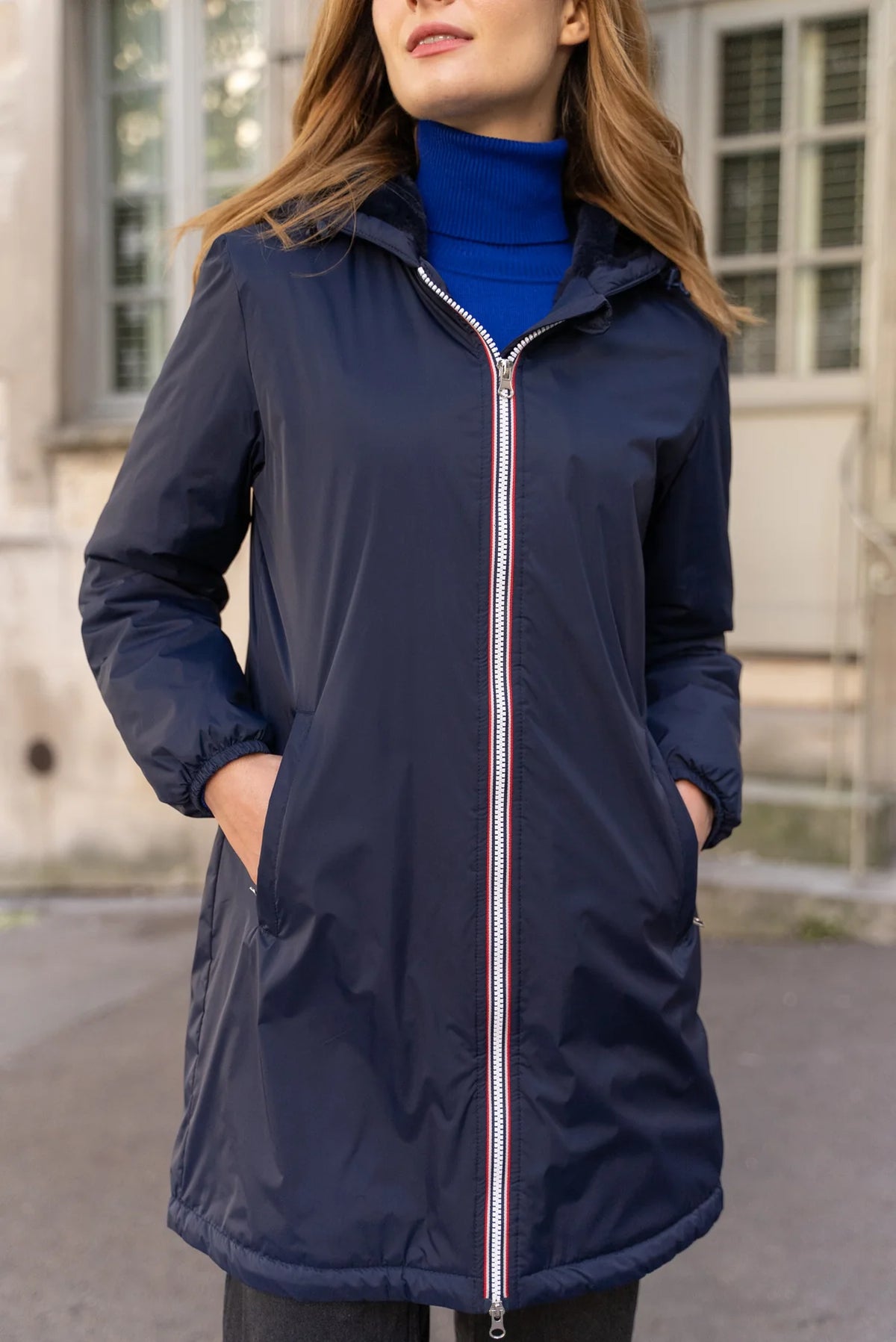 LAURA JO - Parka Imperméable LOUISE LONG fourré - Bleu Marine • DÉSTOCKAGE Taille S