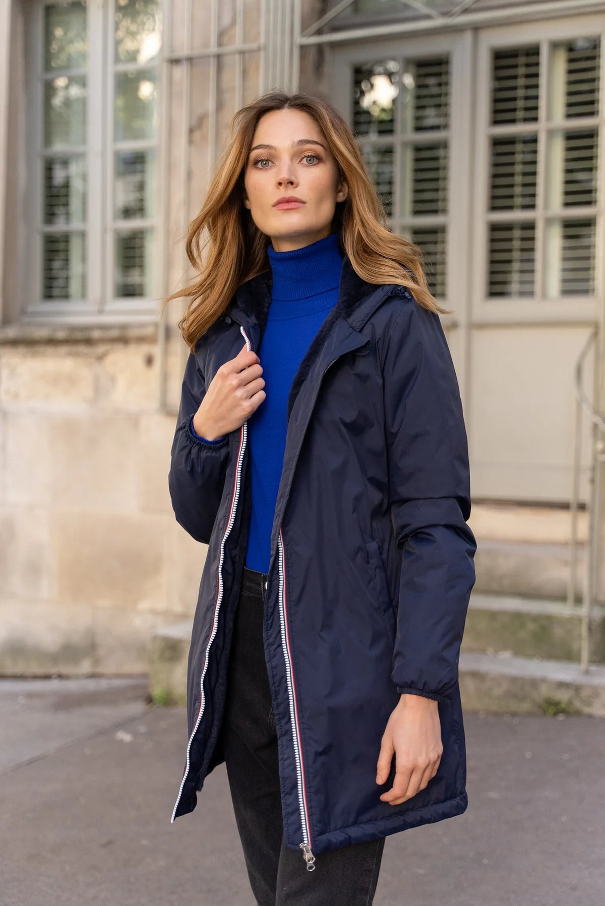 LAURA JO - Parka Imperméable LOUISE LONG fourré - Bleu Marine • DÉSTOCKAGE Taille S