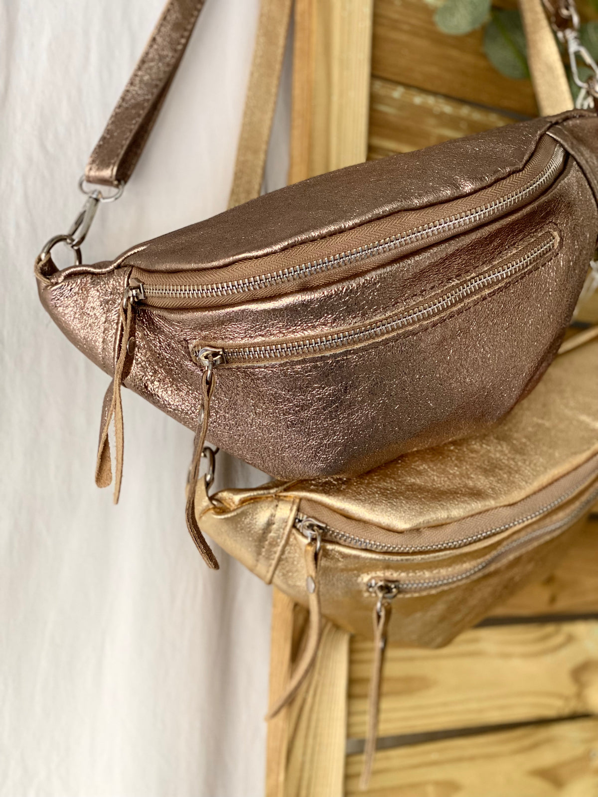Sac banane en cuir irisé double poche - OPALE - Doré / argent