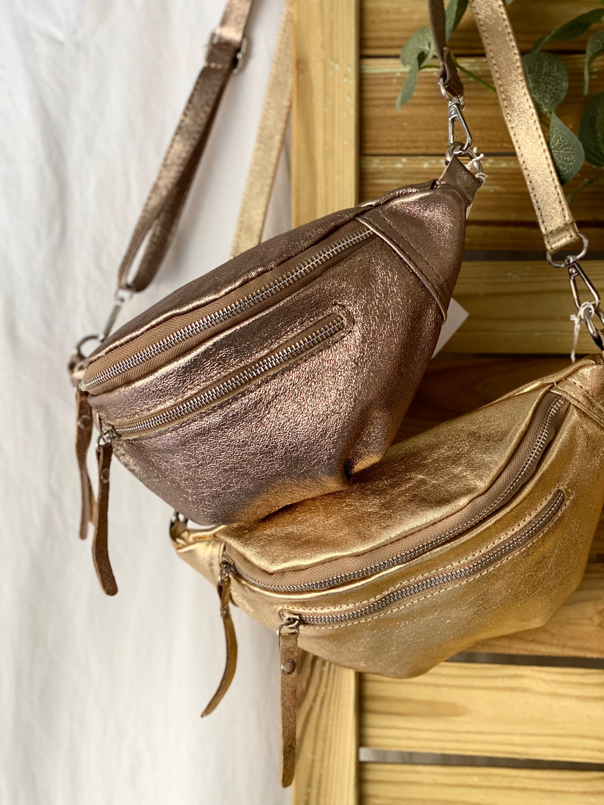 Sac banane en cuir irisé double poche - OPALE - Doré / argent