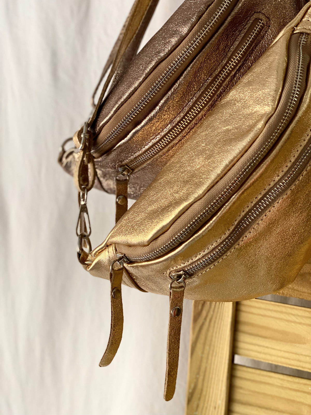 Sac banane en cuir irisé double poche - OPALE - Doré / argent