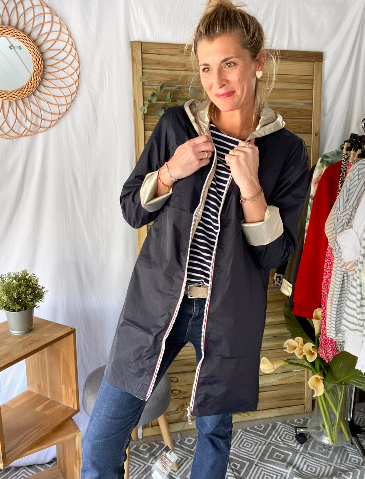 LAURA JO - Imperméable réversible léger GARANCE LONG - Marine/Doré