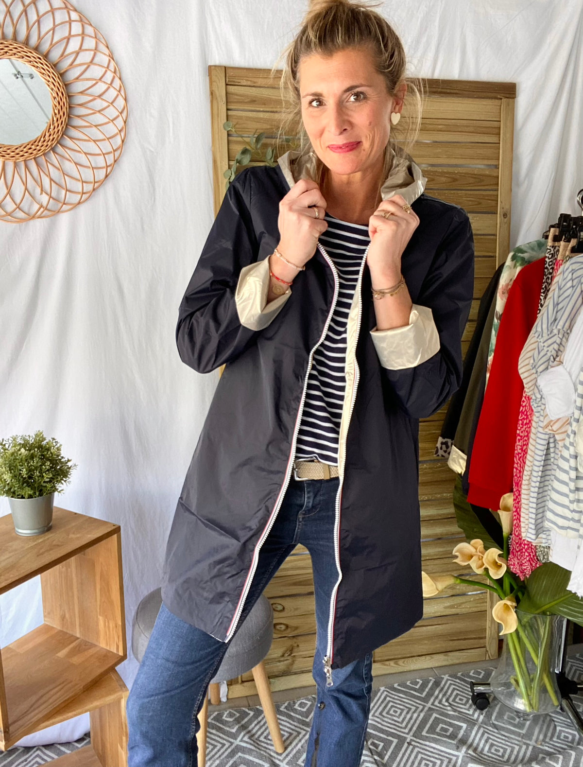 LAURA JO - Imperméable réversible léger GARANCE LONG - Marine/Doré