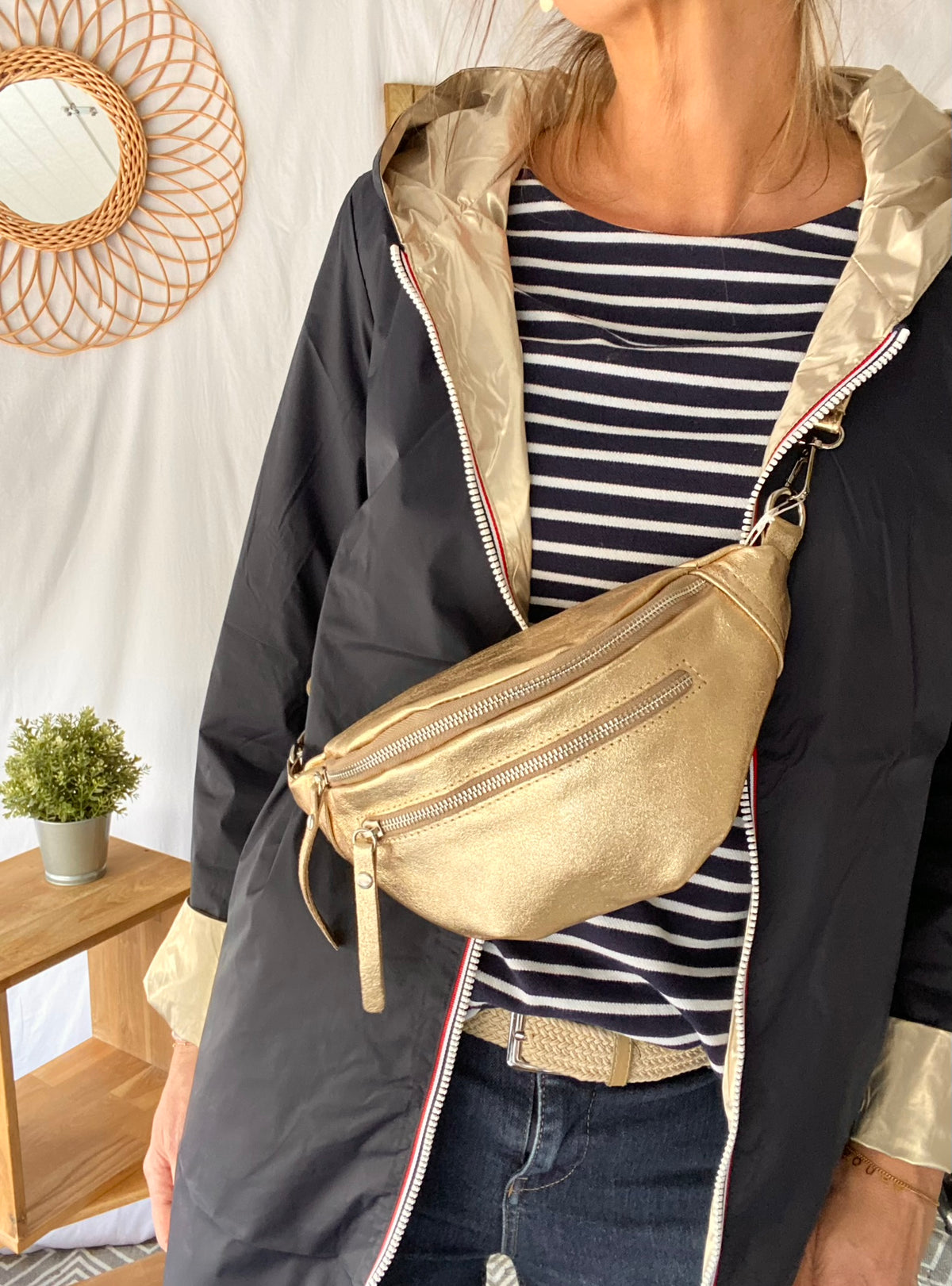 Sac banane en cuir irisé double poche - OPALE - Doré / argent