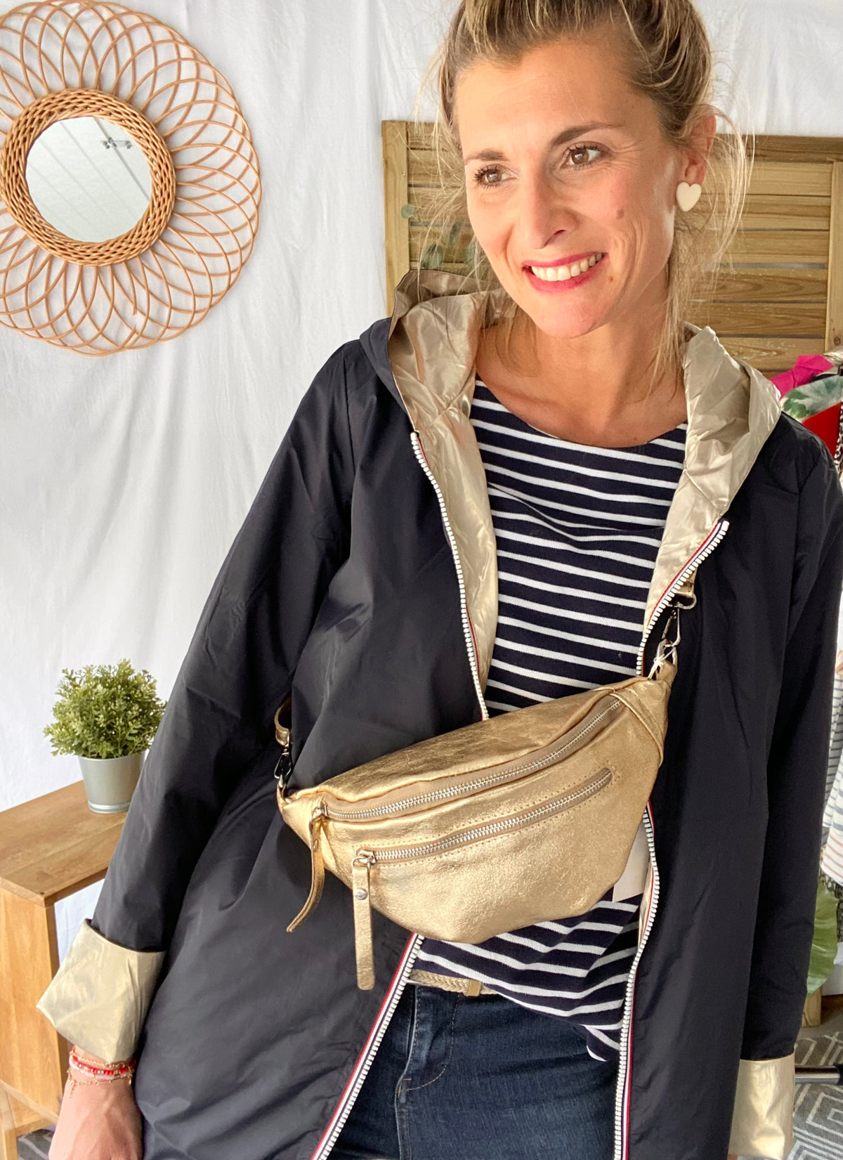Sac banane en cuir irisé double poche - OPALE - Doré / argent