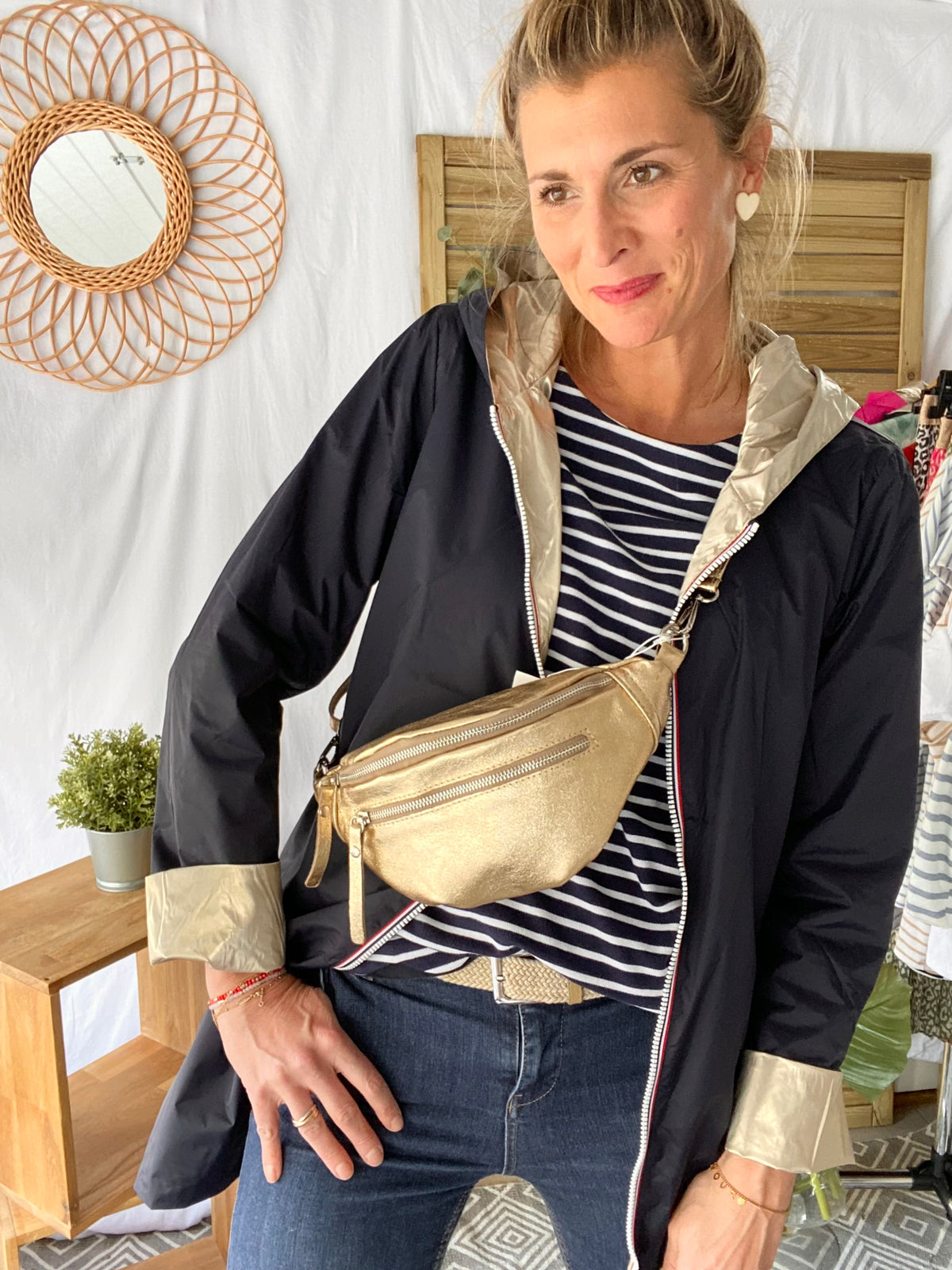 Sac banane en cuir irisé double poche - OPALE - Doré / argent