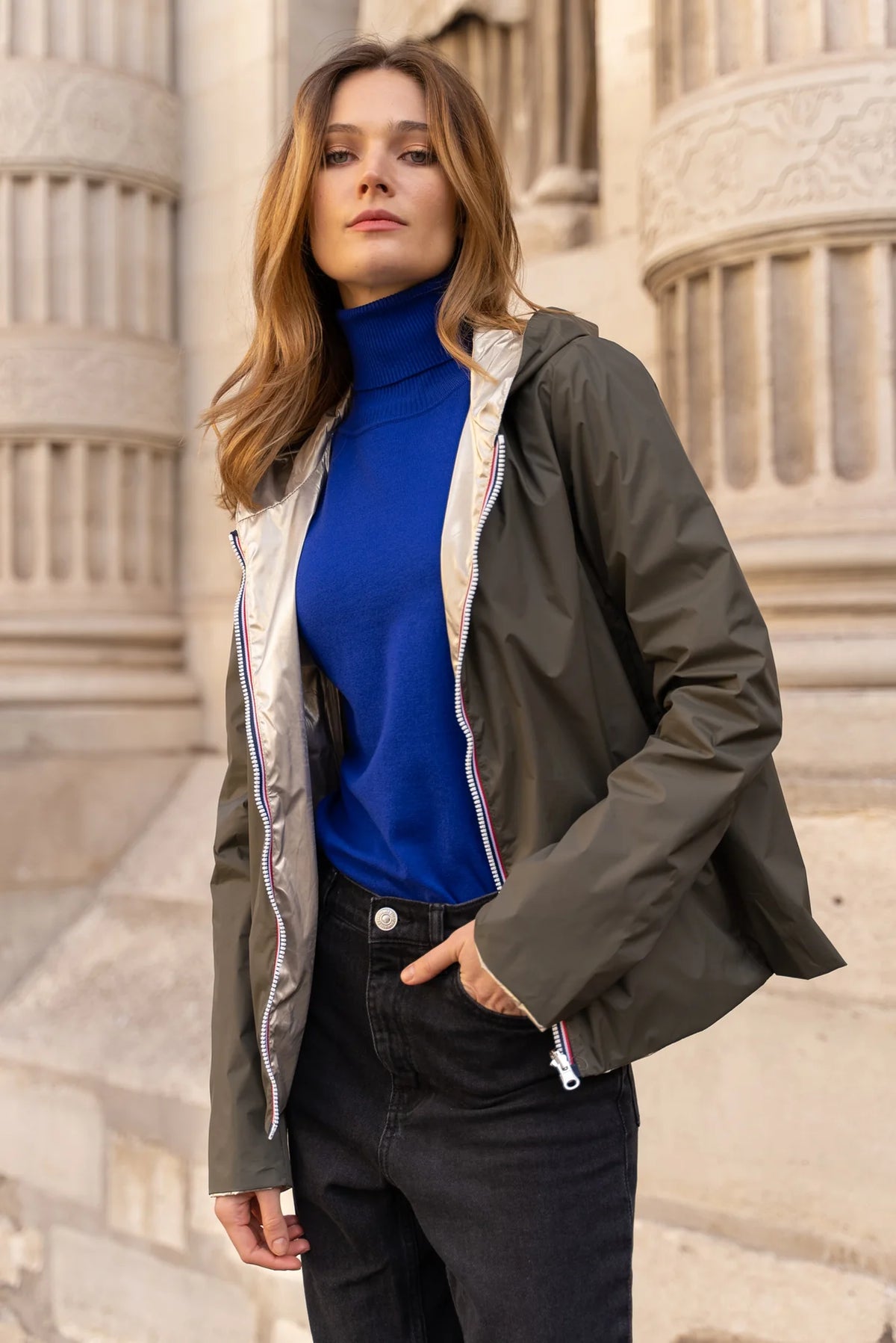 LAURA JO - Imperméable réversible léger GARANCE COURT - Kaki/Doré (DÉSTOCKAGE sur Taille XL et 4XL)